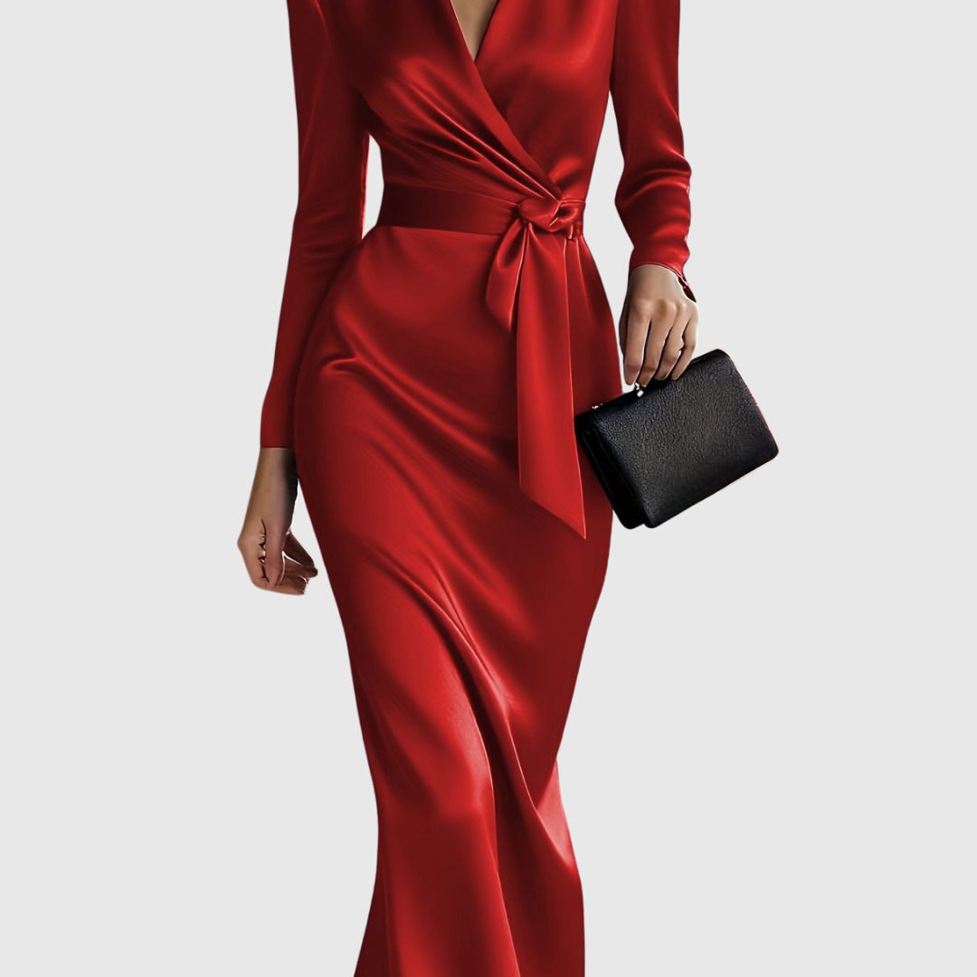 Elene Solid Color Satin Long Sleeve Dress - view 3