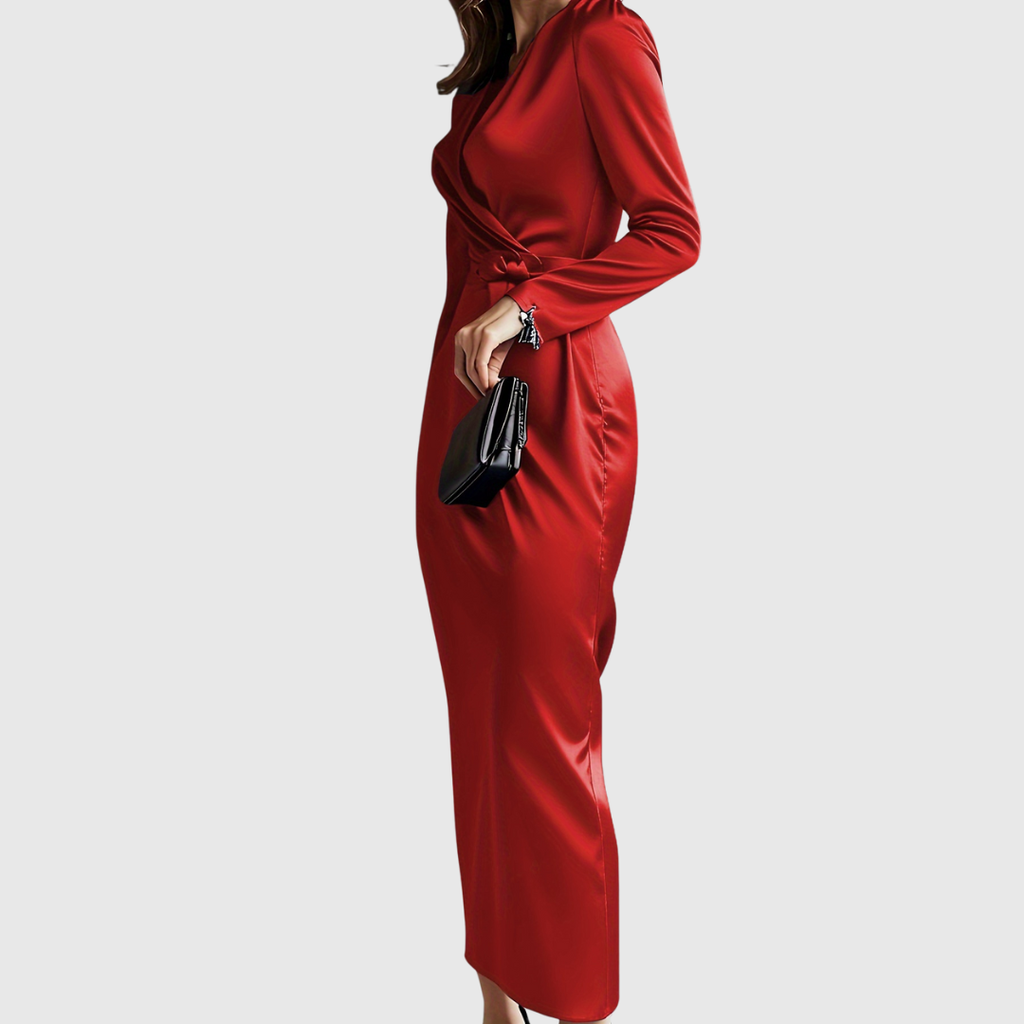 Elene Solid Color Satin Long Sleeve Dress - view 4