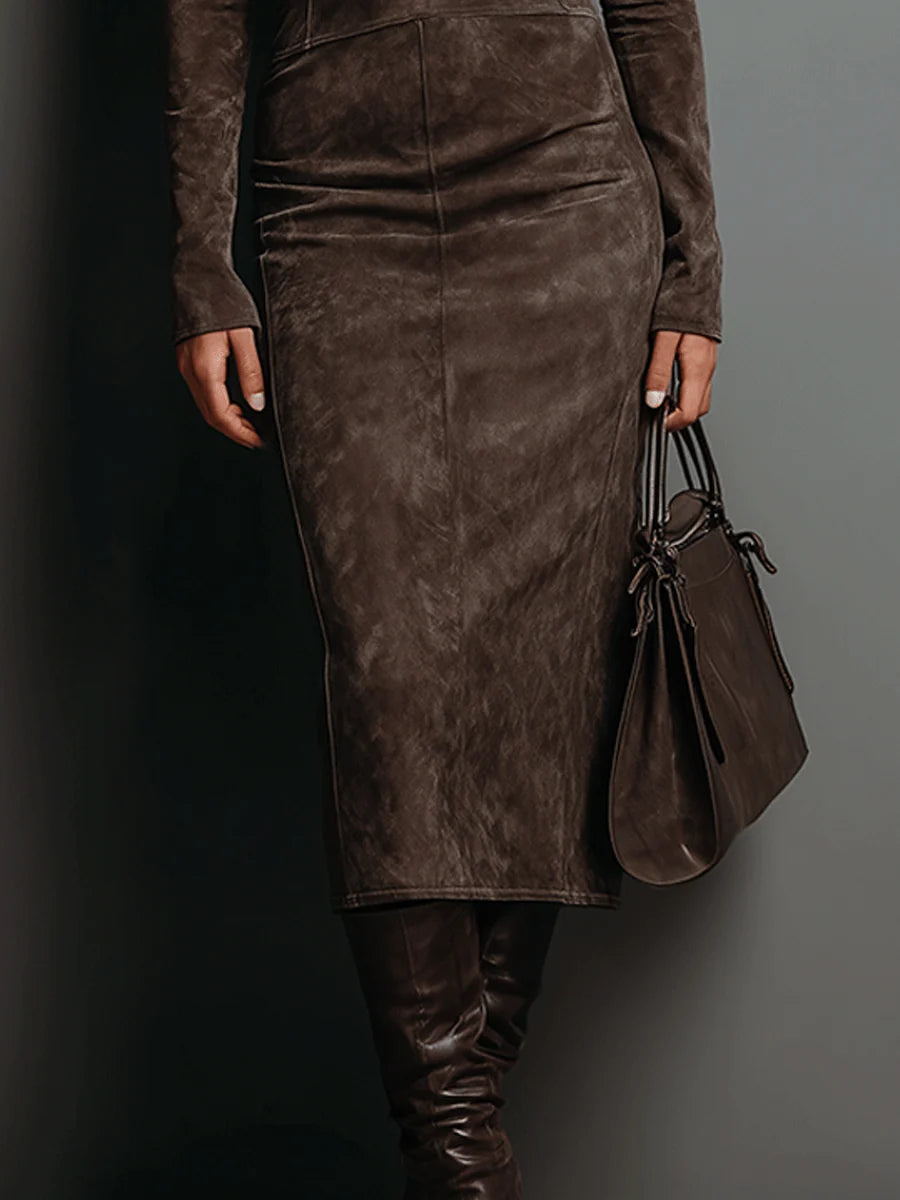 Seraphina High Neck Long Sleeve Suede Midi Dress - view 5