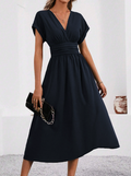 Lucyndra V-Neck Pleated Waist Midi Dress - Ciela Vere