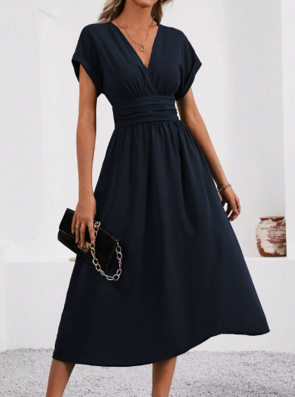 Lucyndra V-Neck Pleated Waist Midi Dress - Ciela Vere