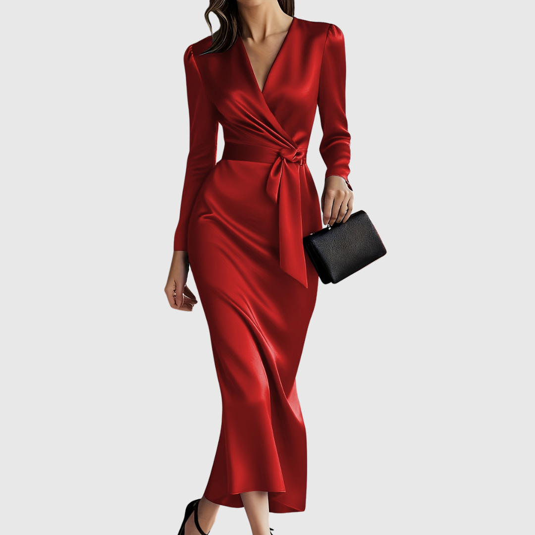 Elene Solid Color Satin Long Sleeve Dress - Ciela Vere