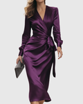 Cerelia Deep Plum Satin Wrap Midi Dress - Ciela Vere