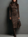 Seraphina High Neck Long Sleeve Suede Midi Dress - Ciela Vere