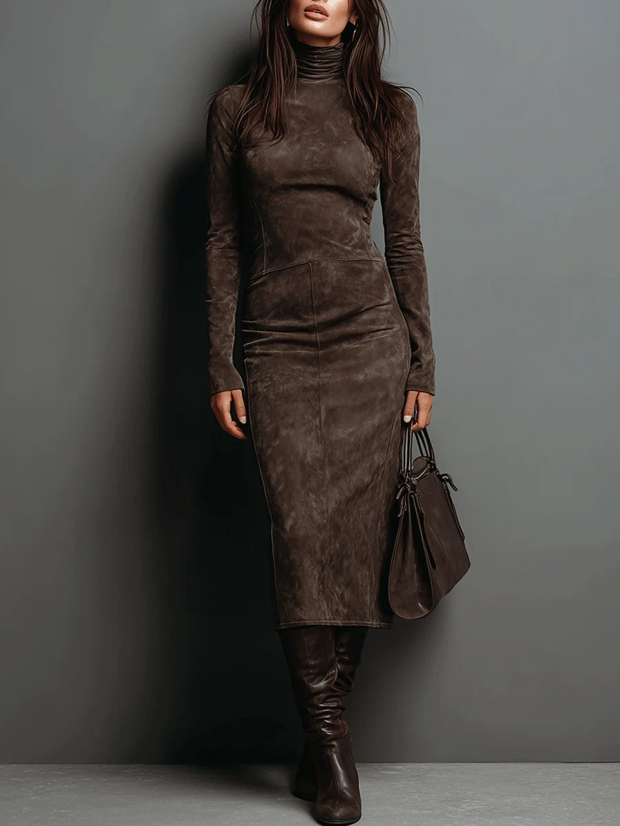 Seraphina High Neck Long Sleeve Suede Midi Dress - Ciela Vere