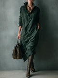 Isna Green Loose Suede Lapel Long Sleeve Midi Dress - Ciela Vere