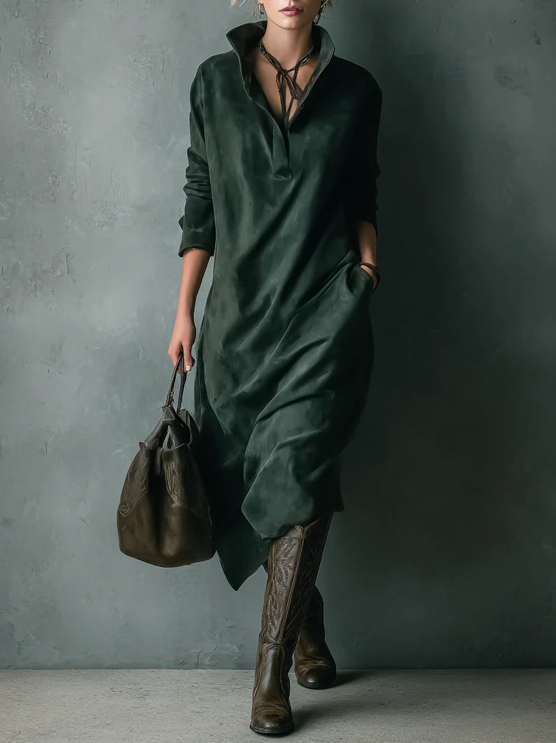 Isna Green Loose Suede Lapel Long Sleeve Midi Dress - Ciela Vere