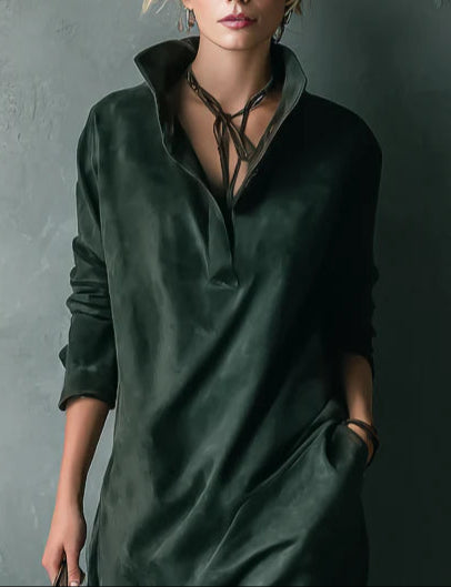 Isna Green Loose Suede Lapel Long Sleeve Midi Dress - view 3