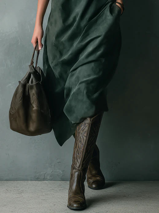 Isna Green Loose Suede Lapel Long Sleeve Midi Dress - view 4