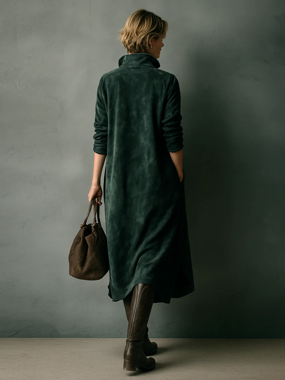 Isna Green Loose Suede Lapel Long Sleeve Midi Dress - view 2