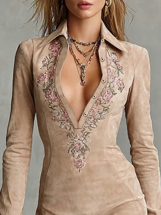 Arawen Beige Slim Suede Neck Floral Lapel Midi Dress - view 4