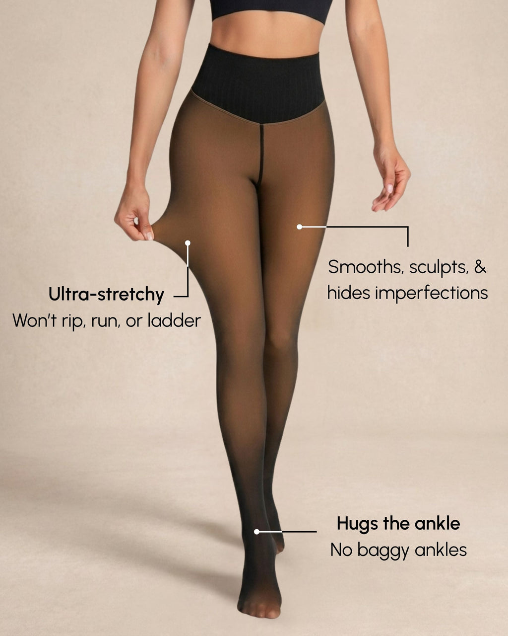Front view showing the smooth fit and ankle finish of Ciela Vere thermal tights