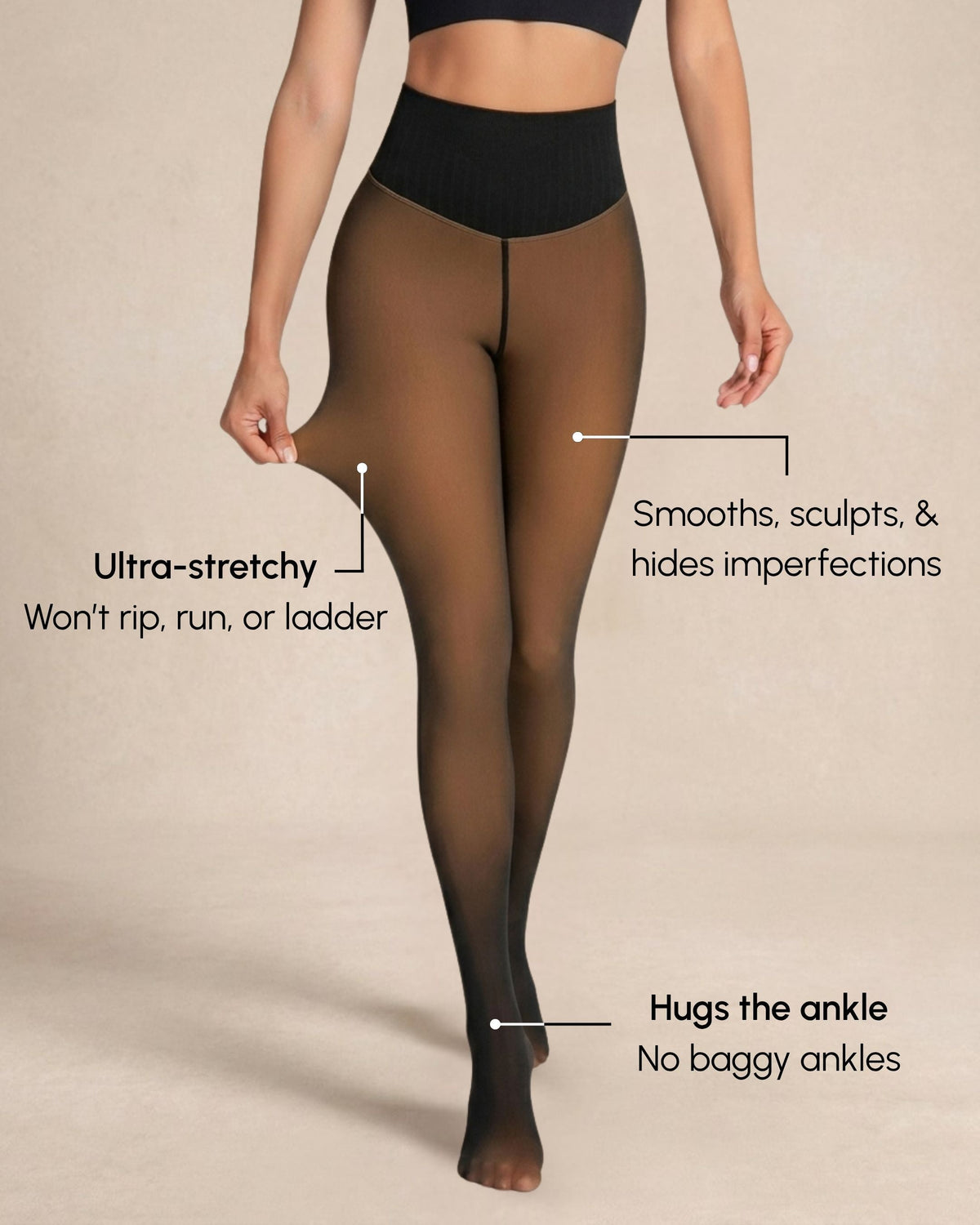 Front view showing the smooth fit and ankle finish of Ciela Vere thermal tights