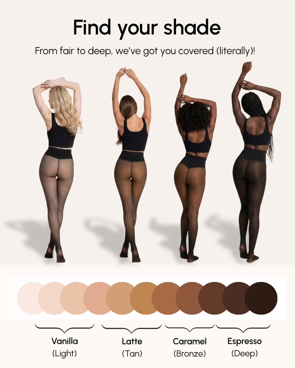 Shade guide comparing Vanilla, Latte, Caramel and Espresso thermal tights