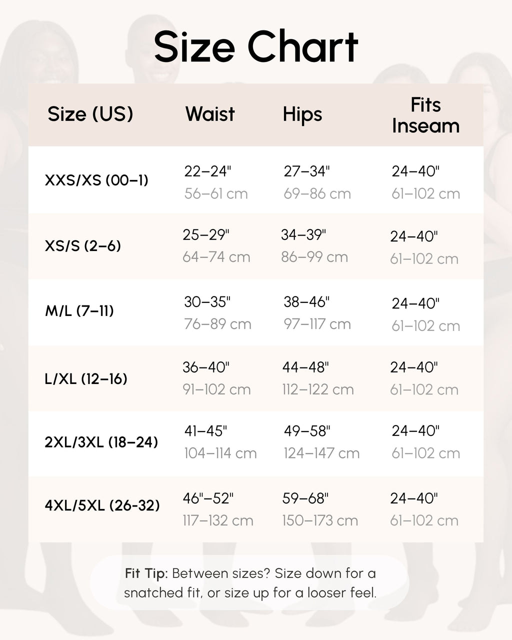 Ciela Vere thermal tights size chart from XXS XS through 4XL 5XL