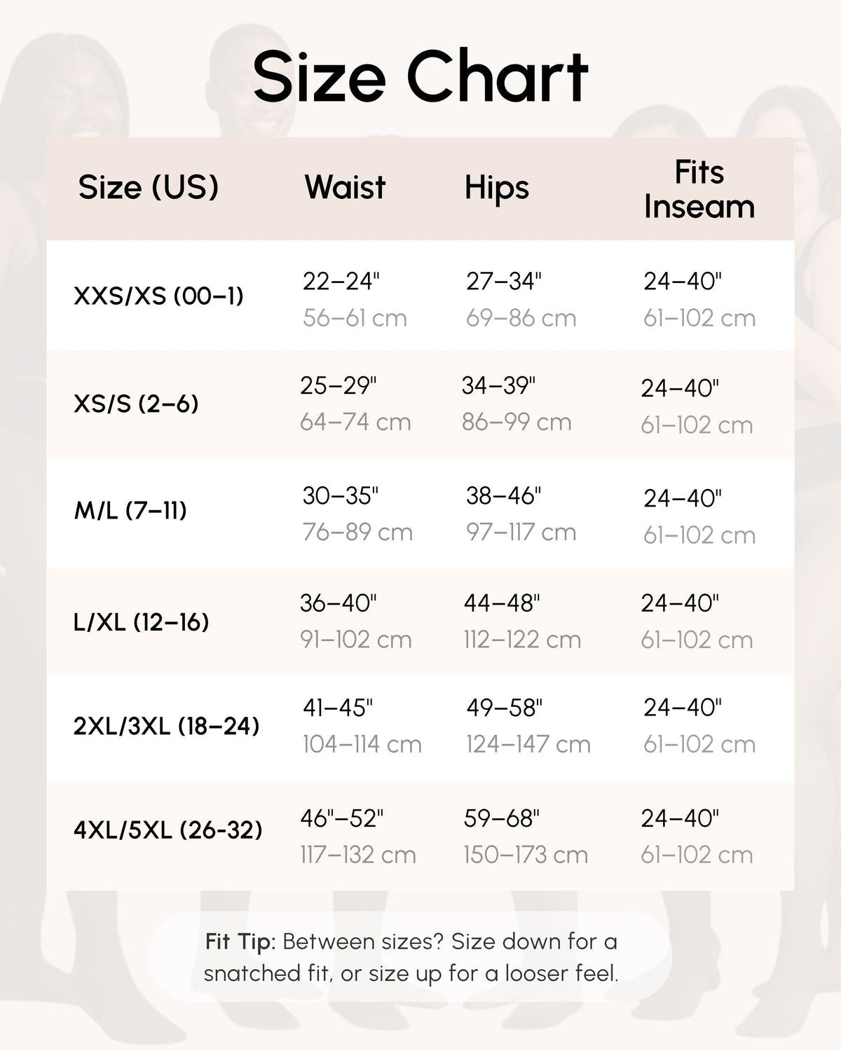 Ciela Vere thermal tights size chart from XXS XS through 4XL 5XL