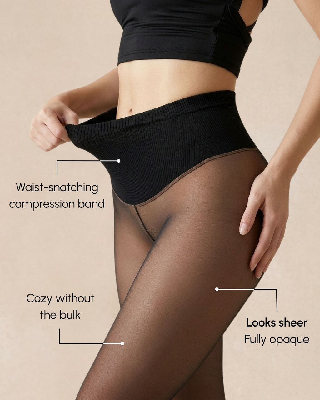 Wide compression waistband and sheer-look finish on Ciela Vere thermal tights