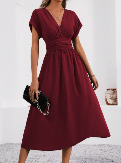 Lucyndra V-Neck Pleated Waist Midi Dress - view 2