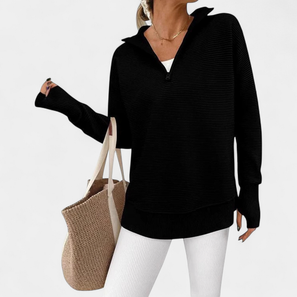 Coralie Half-Zip Ribbed Knit Sweater - Black