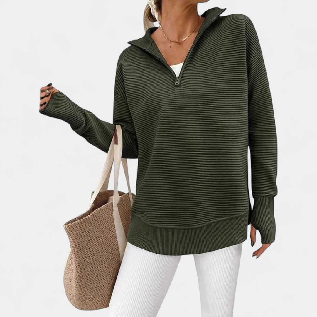 Coralie Half-Zip Ribbed Knit Sweater - Army Green