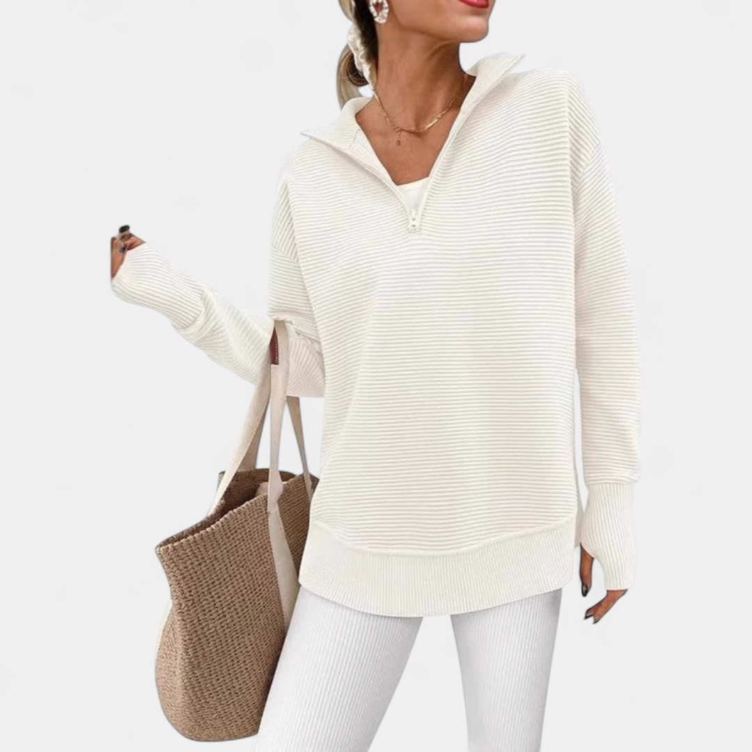 Coralie Half-Zip Ribbed Knit Sweater - White