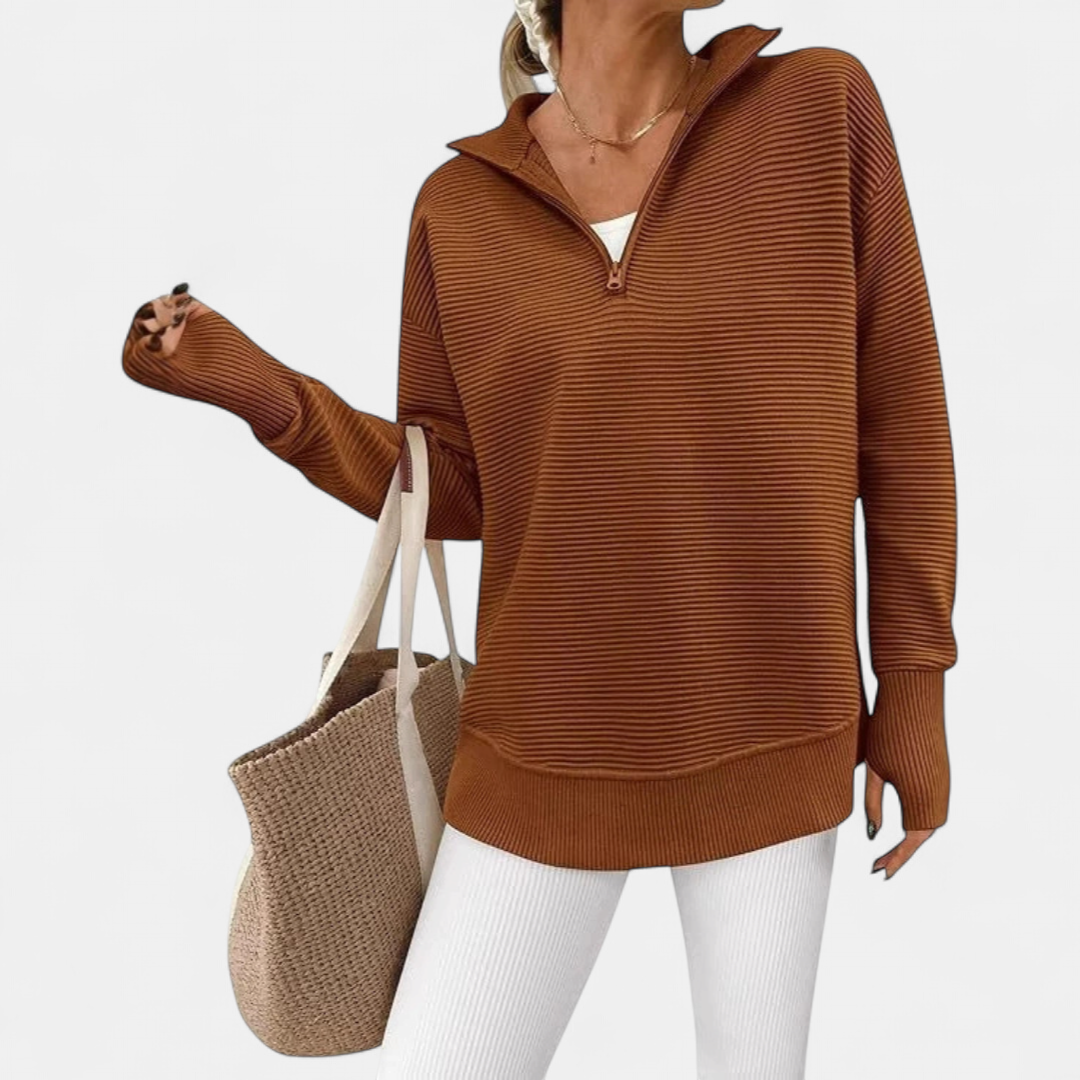 Coralie Half-Zip Ribbed Knit Sweater - Caramel