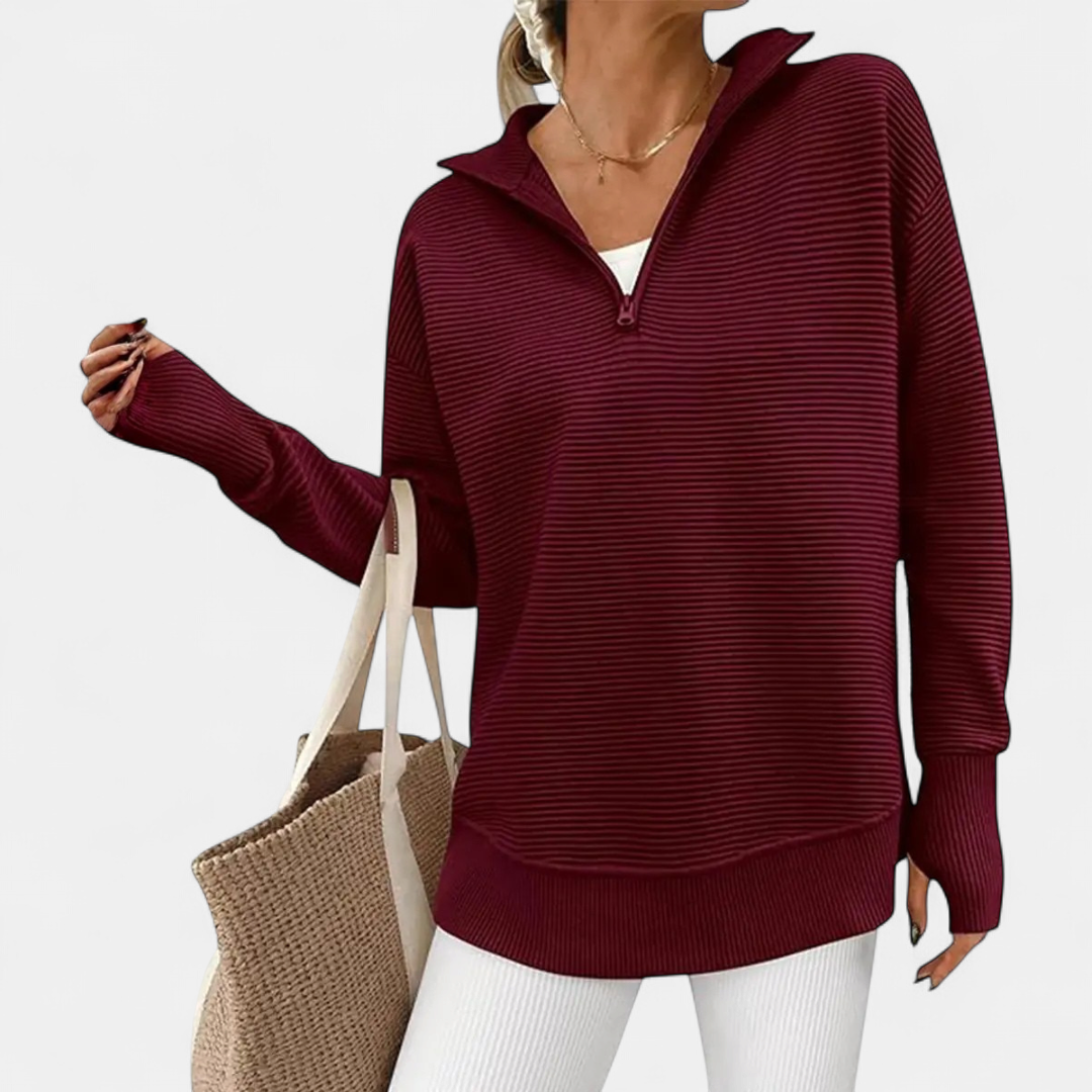 Coralie Half-Zip Ribbed Knit Sweater - Burgundy
