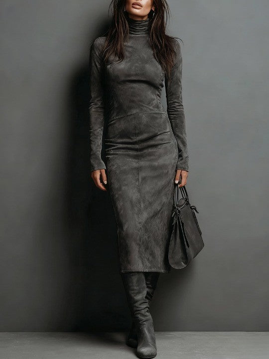 Seraphina High Neck Long Sleeve Suede Midi Dress - view 2
