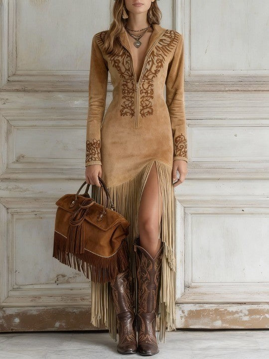 Beatrice Western Faux-Suede Fringe Dress - view 2