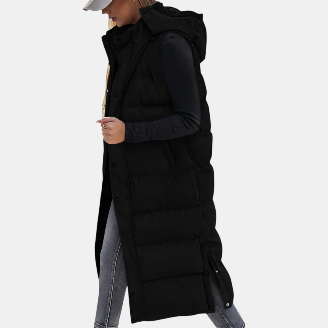 Maribel Hooded Maxi Puffer Vest - Black