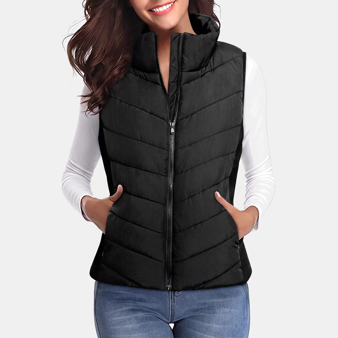 Talia Chevron-Quilted Stand-Collar Vest - Black