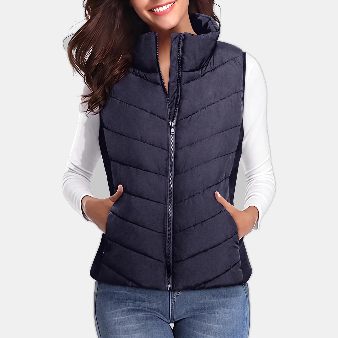 Talia Chevron-Quilted Stand-Collar Vest - Navy Blue