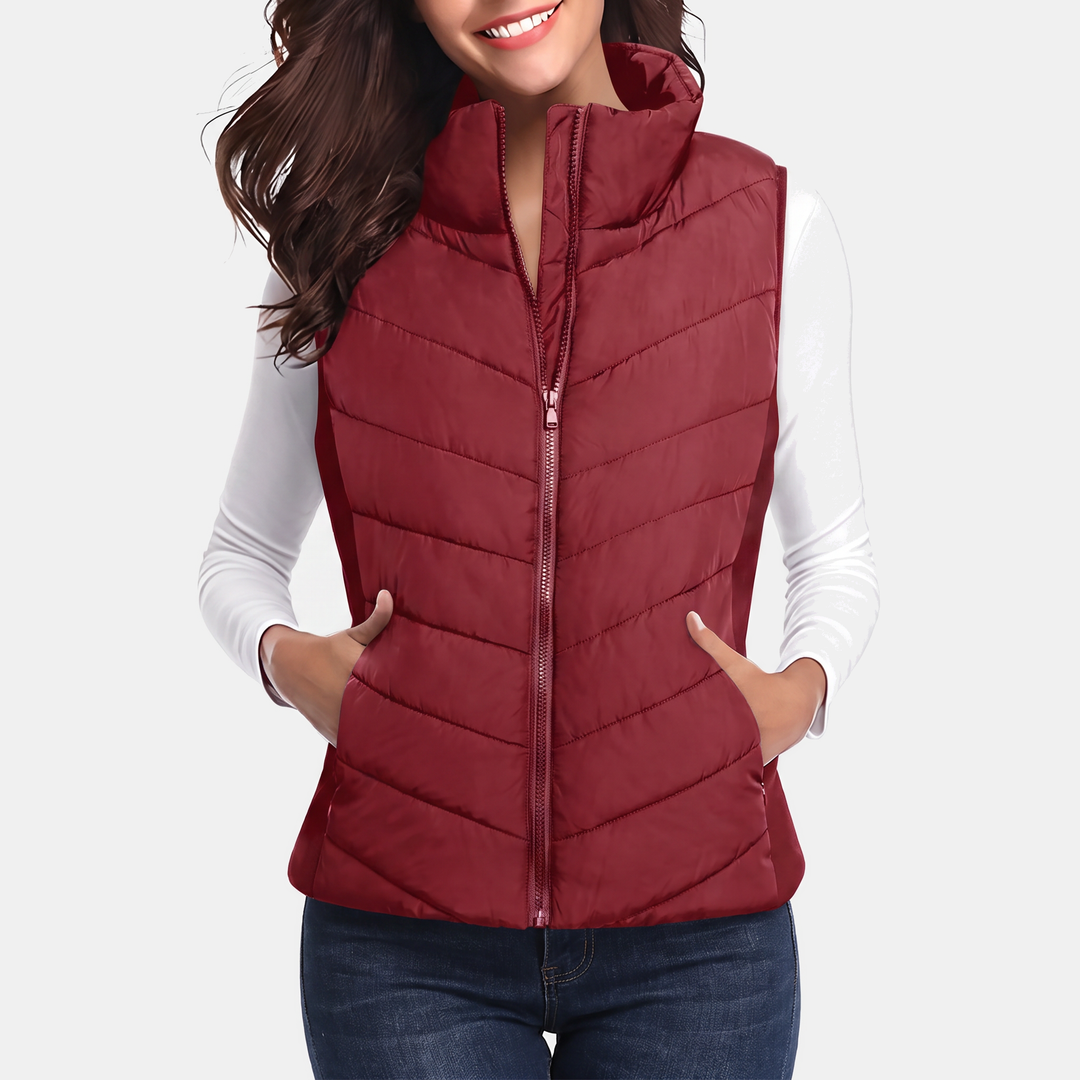 Talia Chevron-Quilted Stand-Collar Vest - Racing Red
