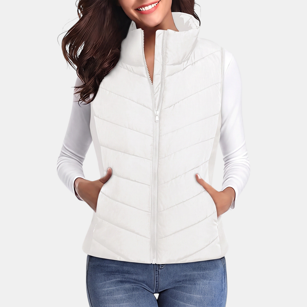Talia Chevron-Quilted Stand-Collar Vest - White