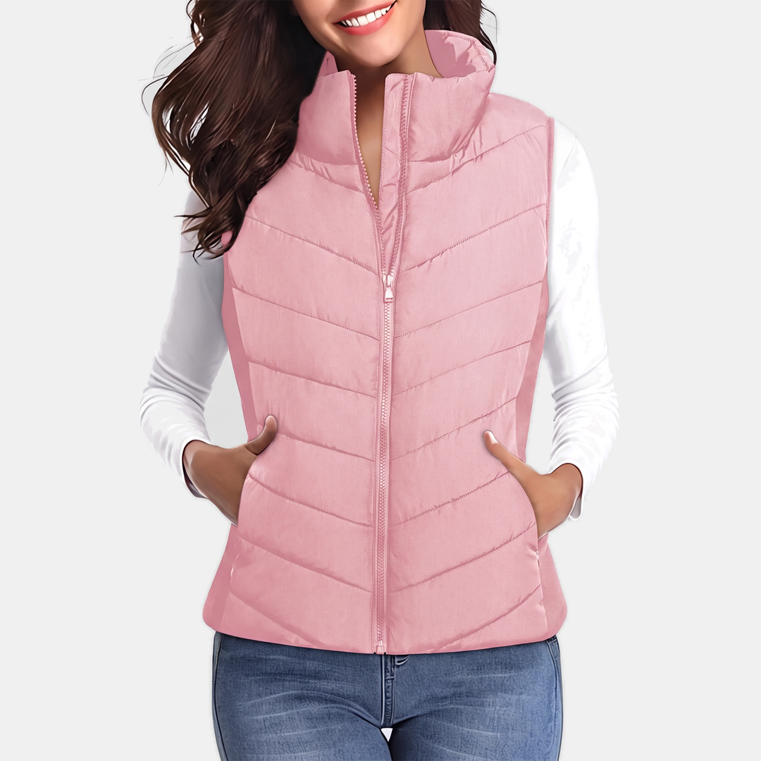 Talia Chevron-Quilted Stand-Collar Vest - Apricot Pink