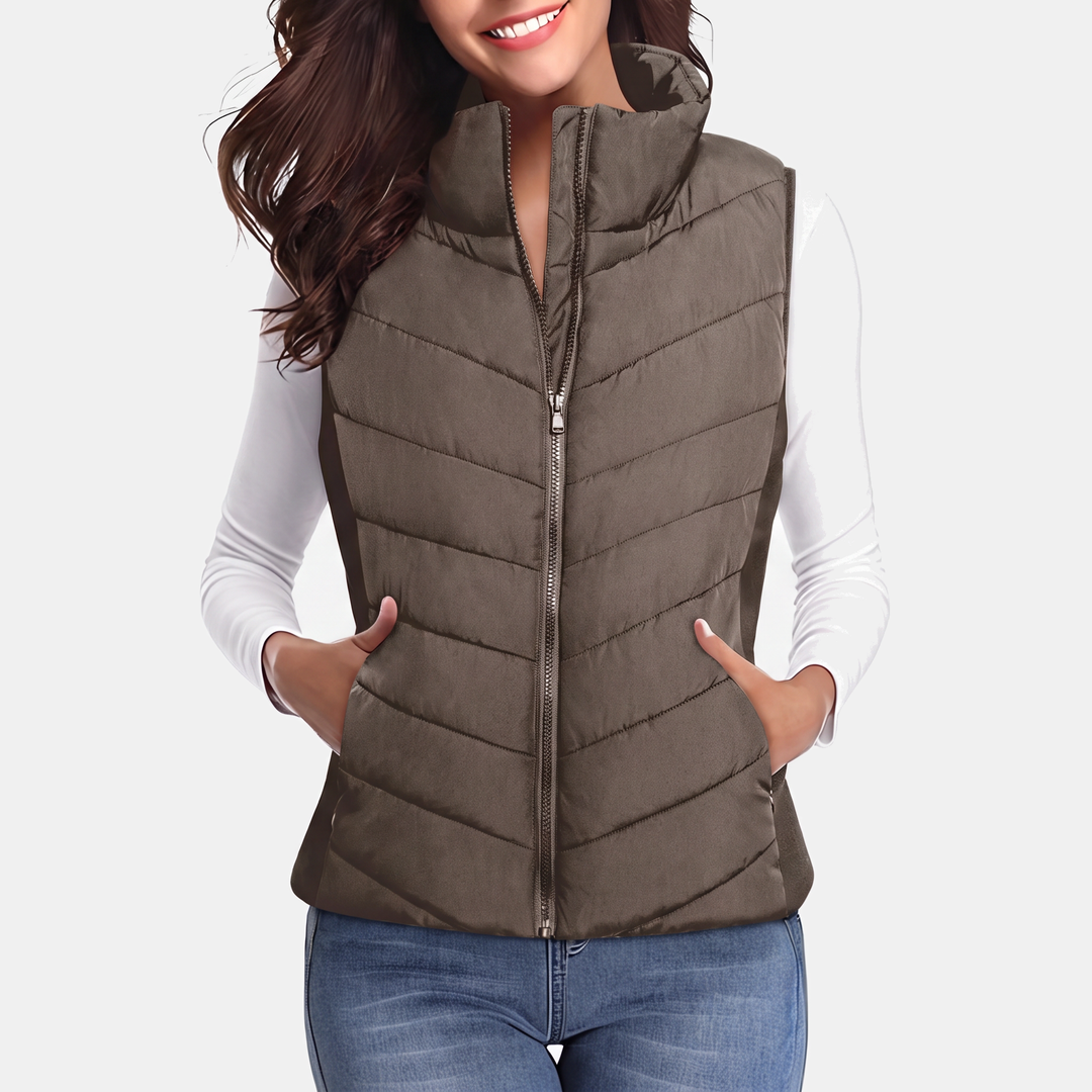 Talia Chevron-Quilted Stand-Collar Vest - Desert Palm