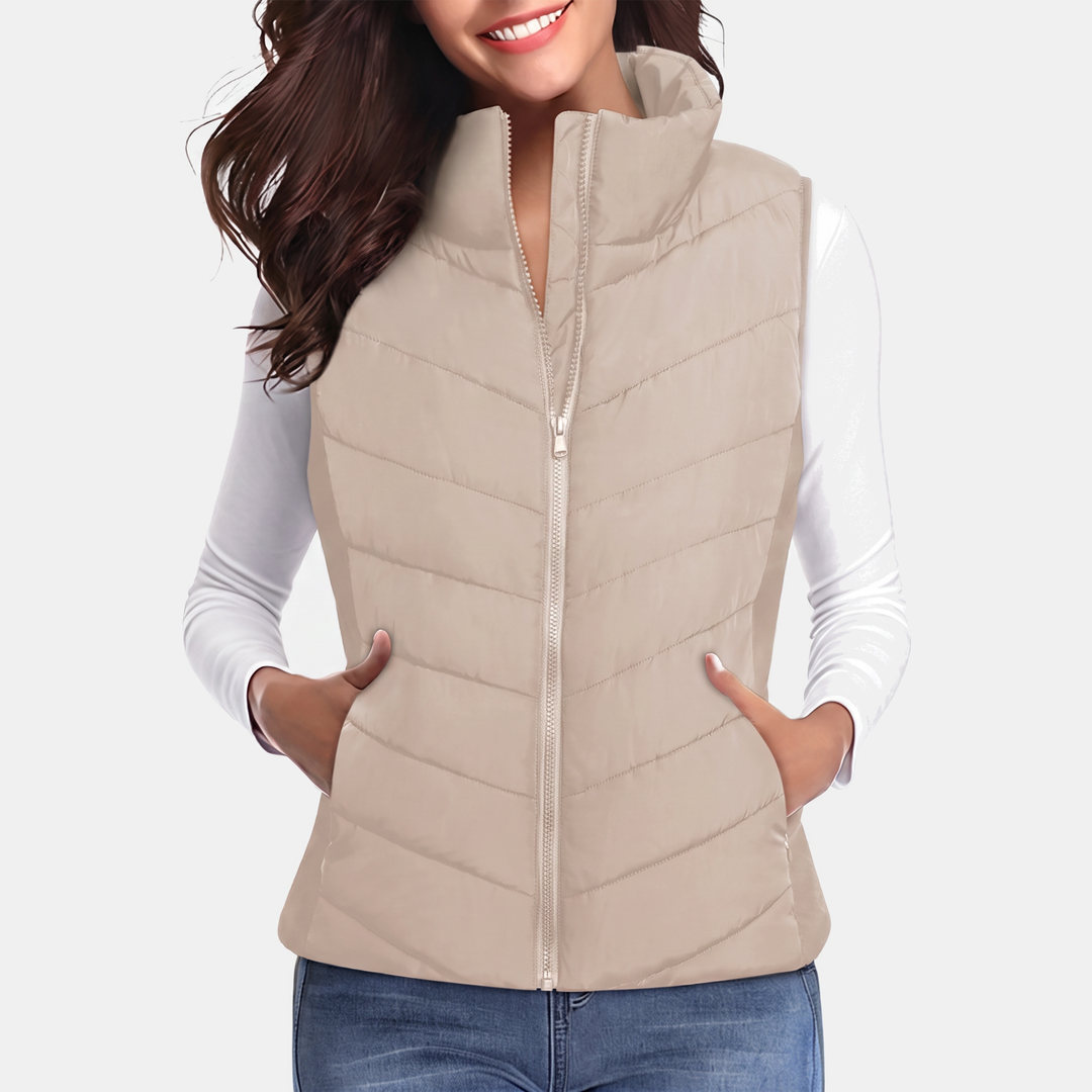 Talia Chevron-Quilted Stand-Collar Vest - Apricot