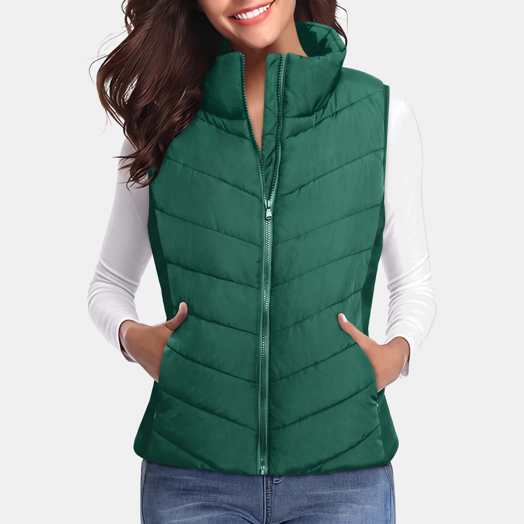 Talia Chevron-Quilted Stand-Collar Vest - Dark Green