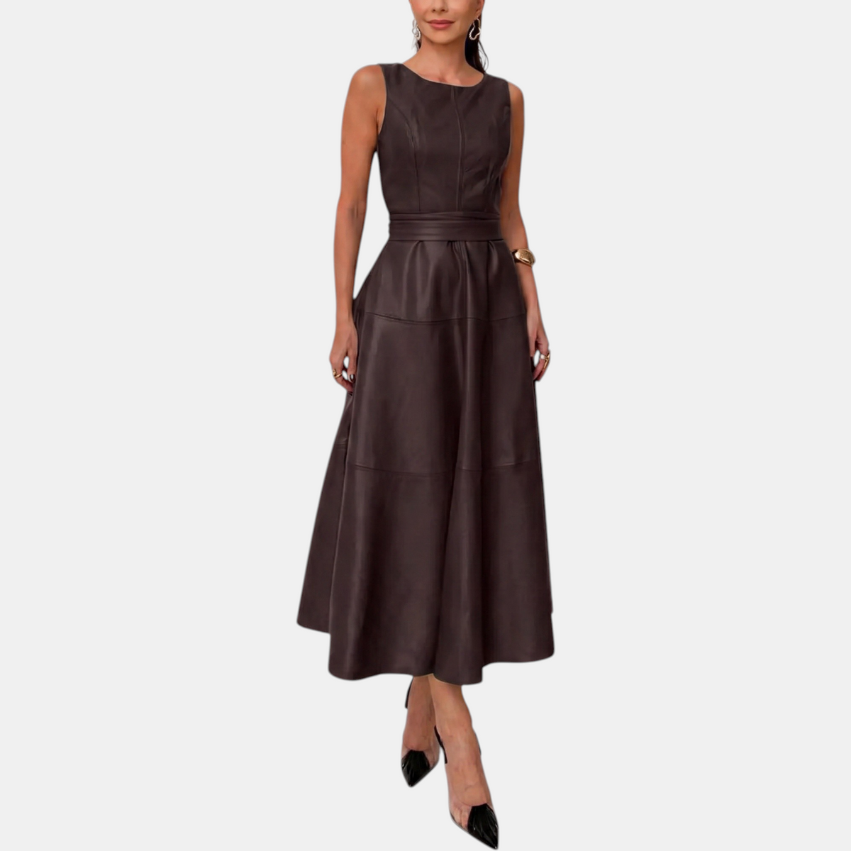 Verena Belted Faux-Leather Midi Dress - image 3