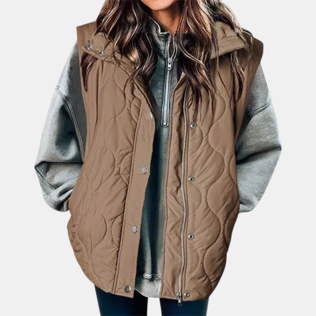 Elowen Quilted Hooded Puffer Vest - Pale Khaki